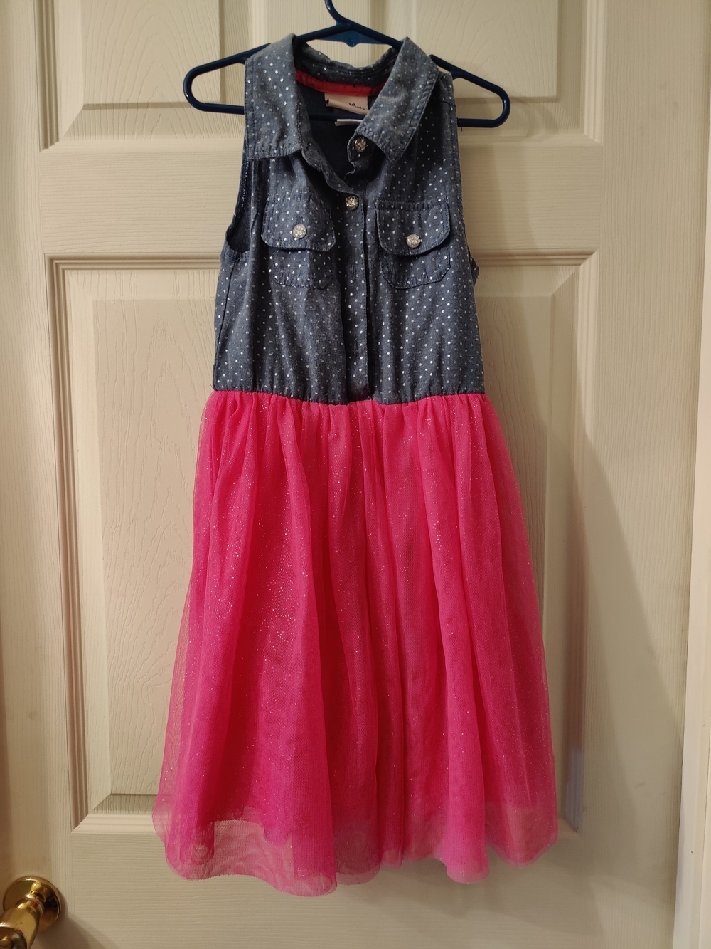 Little Lass Denim-Look Bodice with Hot Pink Tulle Skirt Dress
